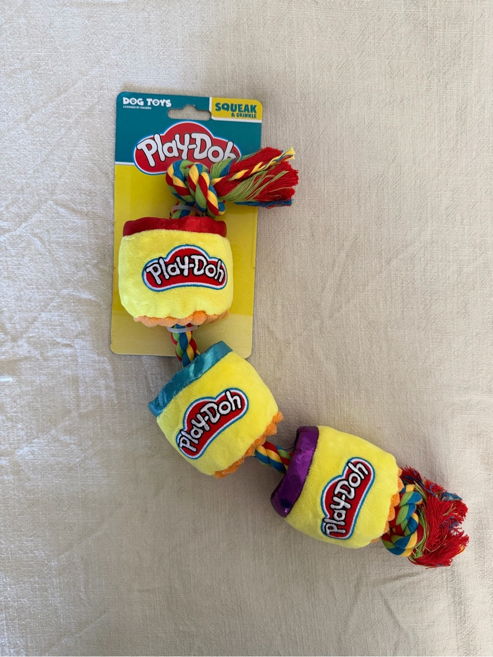 Hasbro Play-Doh Yellow Plush Rope Squeak Dog Toy with Multicolor Accents